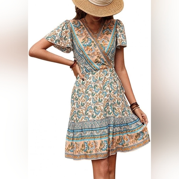 ANNA-KACI Dresses & Skirts - ANNA-KACIWomen's Multi Colors Bohemian Print Wrap Dress Size L NWT